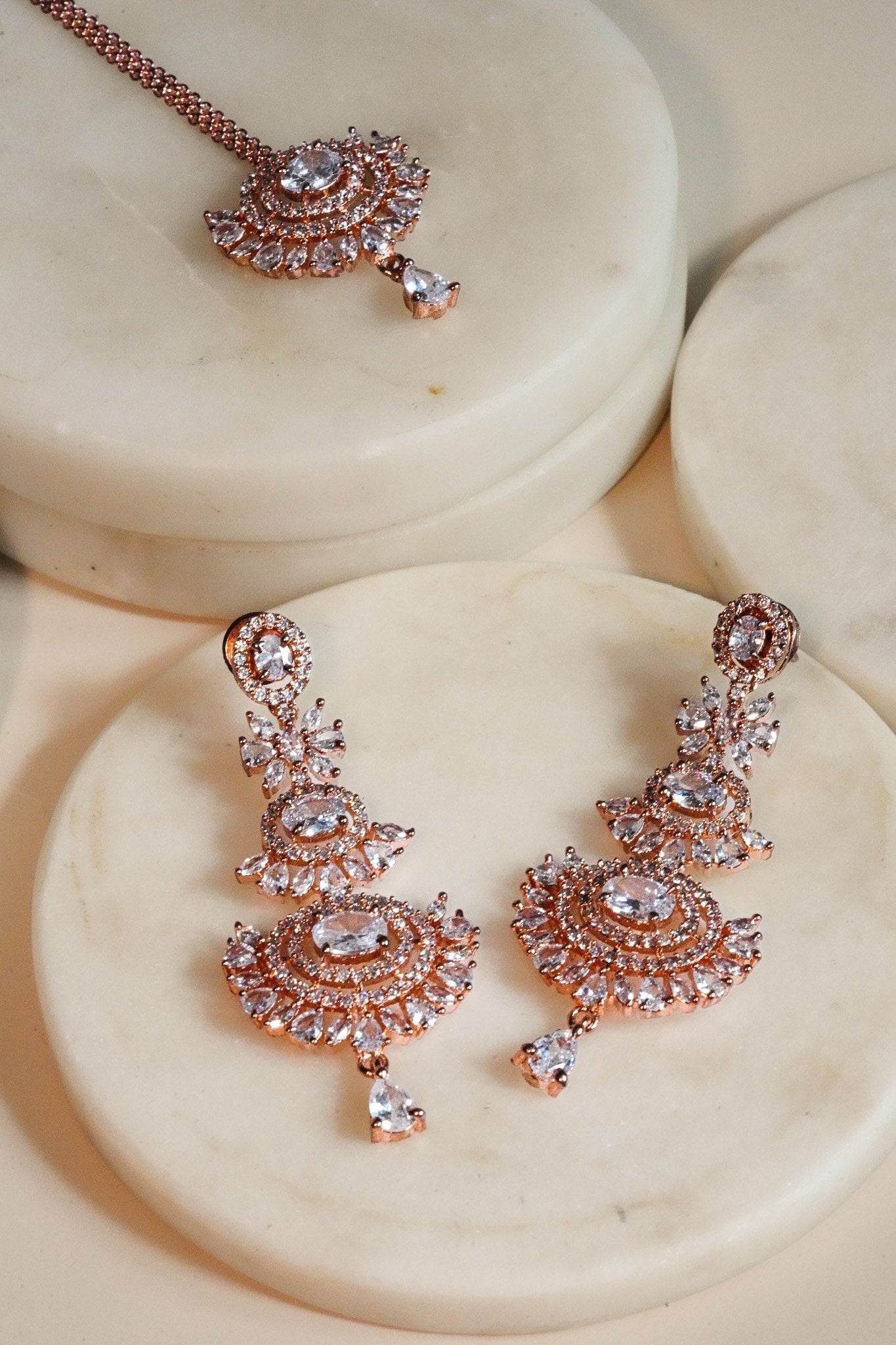 Zarina - Rose Gold AD Chandelier Earrings & Maang Tikka Set Earrings & Tikka Set from Inaury
