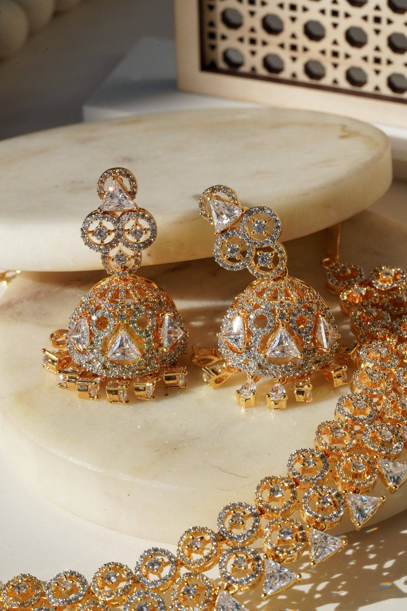 Gold Plated Jhumka Earrings with AD Diamante Accent Stones
