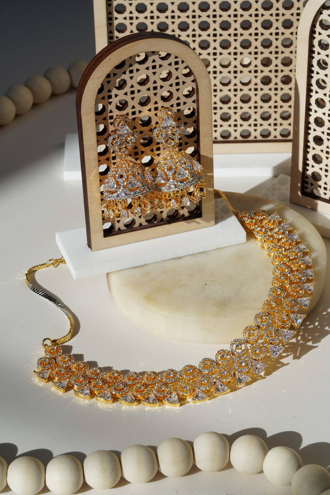 Zeba - Classic AD Necklace Set With Jhumka Earrings Classic Necklace Set from Inaury