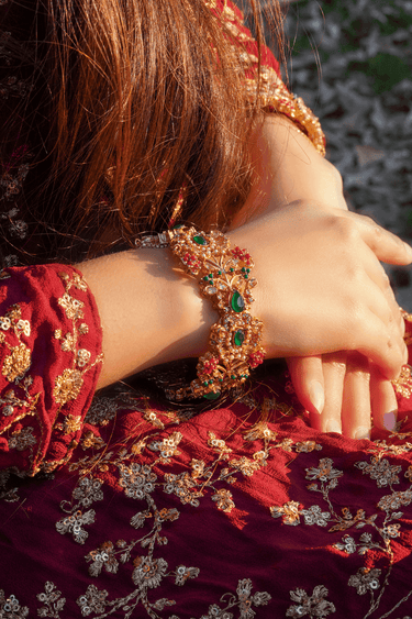 Ziya Gold Plated Bangles with Ruby and Green Stones - Elegant Indian jewelry