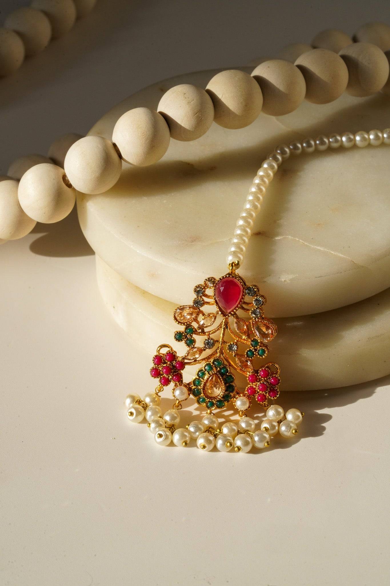 Zoya - Choker Necklace Set With Jhumka Earrings & Maang Tikka Choker Necklace Set from Inaury