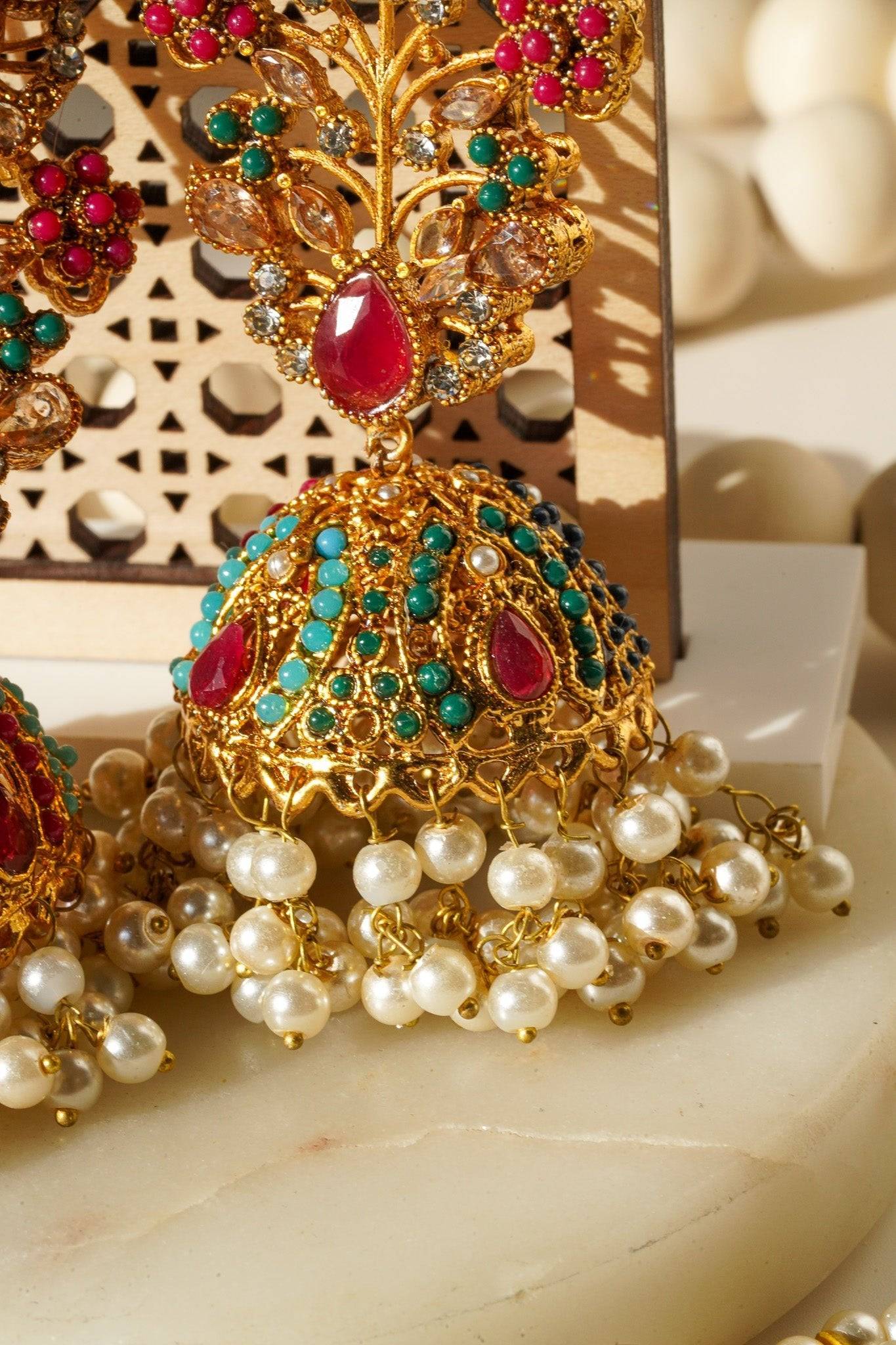 Zoya - Choker Necklace Set With Jhumka Earrings & Maang Tikka Choker Necklace Set from Inaury