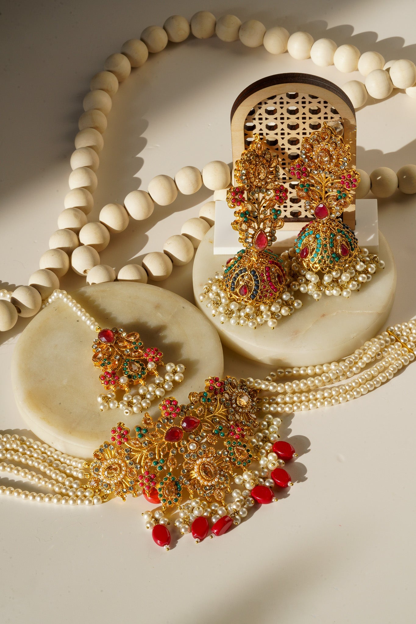 Zoya - Choker Necklace Set With Jhumka Earrings & Maang Tikka Choker Necklace Set from Inaury